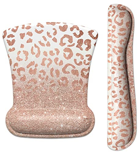ITNRSIIET Ergonomisches Mauspad mit Handgelenkstütze, Tastatur-Handgelenkauflage, rutschfest, Memory-Schaum, einfaches Tippen, Schmerzlinderung, für PC, Laptop, Gaming, Büro, Roségold-Leopardenmuster