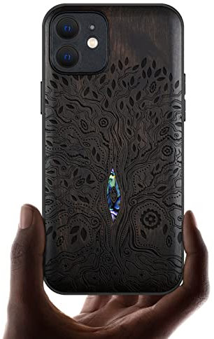 Carveit Coque magnétique pour iPhone 12 Étui de TPU Case [Gravure en Bois et Incrustation de Coquille] Cover Compatible Magsafe avec 12 Etui (Bois Sombre-Arbre de la Vie)