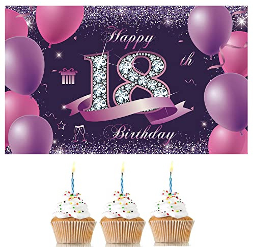 KAYLRE KALUROIL 18 Geburtstag Dekoration Jungen und Mädchen, 18. Geburtstag Banner Schwarz Violett, 18 Jahre Geburtstagsbanner Extra Große Stoff Hintergrund Geburtstagsdeko