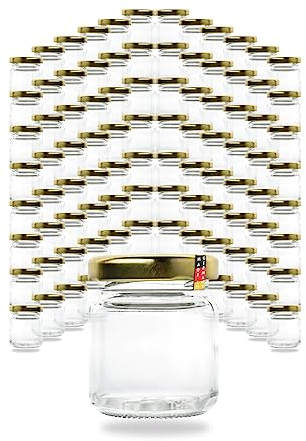 Flaschenbauer - Einmachgläser 53ml 96er Set - Marmeladengläser mit Deckel TO43 Gold, Schraubgläser, Joghurtgläser, Einkochgläser, mit Twist-Off-Deckel, für Marmelade, Honig, Gewürze - Made in Germany