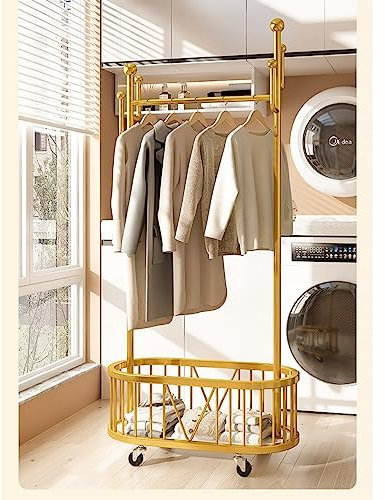 TCXSSL Metall Kleiderständer Mit Korb Freistehender Garderobenständer Mit 360° Rädern Garderobenständer Für Flur, Eingangsbereich, Badezimmer Und Wohnzimmer (Color : Gold, Size : 80cm)