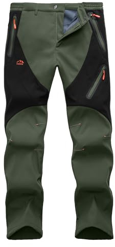 Fleecefodrade snöskidbyxor för män utomhus vattentäta softshell vandringsbyxor vinter träningsbyxor snowboardbyxor, Armégrön + svart, XL