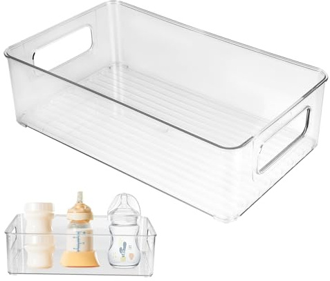CTTZCKJ Plastic Baby Bottle Nursery and Food Organizer Storage Holder Bin with Handles for Closet, Cupboard, Cabinet, Drawers, Shelves Holds Canned Food, Bottles, Formula Ligne Collection, Clear