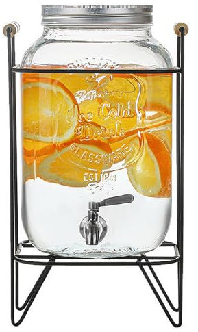 COUCHO Drink Dispenser with Tap, 4/8L Glass Beverage Dispenser with Tap and Stand, Iced Drink Mason Jar Juice Dispenser with Holder, Cold Kettle with Metal Stand for Cocktail, Water (Size : 8L)