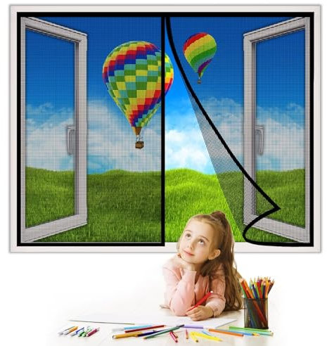 Fliegengitter Fenster zum Öffnen und Schließen, 285x145cm Insektenschutz Rollo selbstklebend, Insektenschutz Magnetischer Fliegenvorhang für Balkontür, Wohnzimmer, Schwarz 1995-Größe