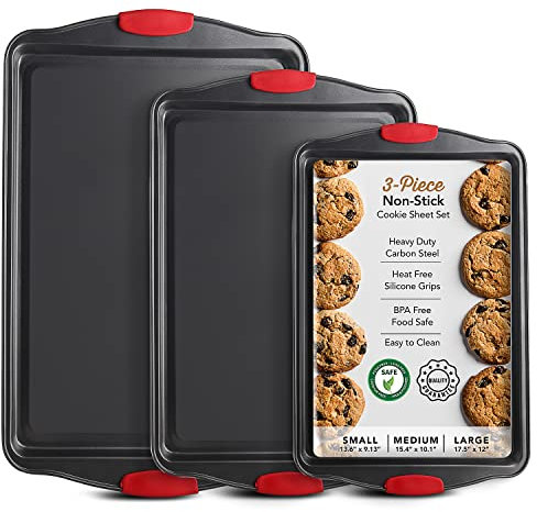 Eatex Baking Set, 3-Piece Baking Sheet Set with Silicone Handles, Steel Baking Pans Set, Durable Cookie Sheets for Oven, BPA Free Cookie Sheets for Baking Nonstick Set, Sheet Pan - Black Baking Pan