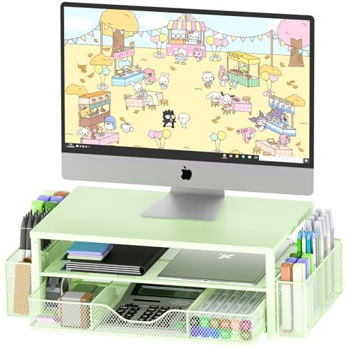 OPNICE Desk Organizers and Accessories, 2-Tier Computer Monitor Stand Riser with Drawer and 2 Pen Holders, Laptop Stand, Office Desk Accessories for Office Supplies, Green