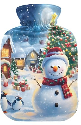 Wärmflasche mit Weihnachtsmotiv Schneemann Dorf Pinguine, Wärme- oder Kaltwasserflasche mit weichem Bezug, Wärmtasche zur Linderung von Nacken- und Schulterschmerzen, 2 l