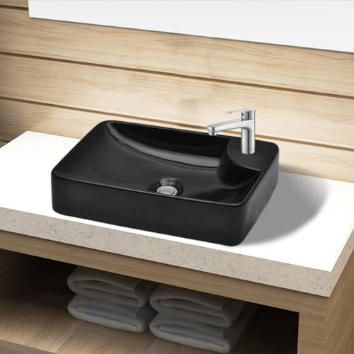 ShGaxin Lavabo de cerámica con Agujero para Grifo, Lavabo sobre Encimera, Lavabo Baño, Muebles De Baño, Mueble Lavabo, Negro