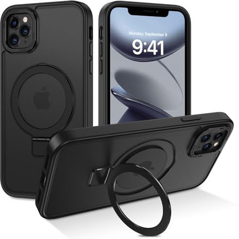 DUEDUE für iPhone 11 Pro Hülle mit MagSafe, Schutzhülle mit Unsichtbarem Ständer [Kompatibel mit Magsafe] Schützende, Stoßfeste, Matte, Magnetische Ring Case für iPhone 11 Pro Handyhülle, Schwarz
