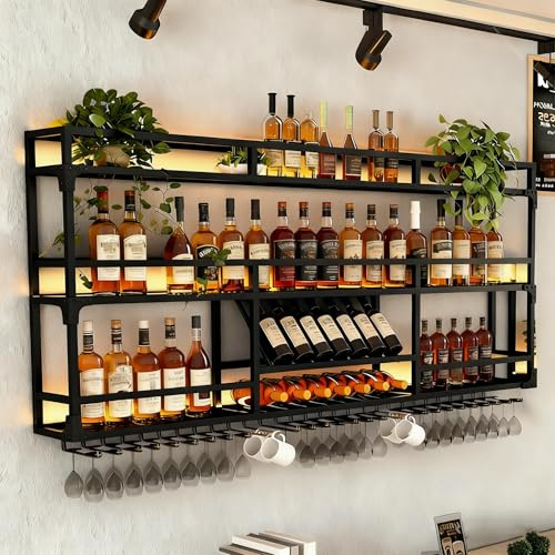 RAJYQODIS Portabottiglie da parete, espositore industriale in metallo con portabicchieri, organizer per bottiglie a più livelli per bar di casa (Nero, 120CM)