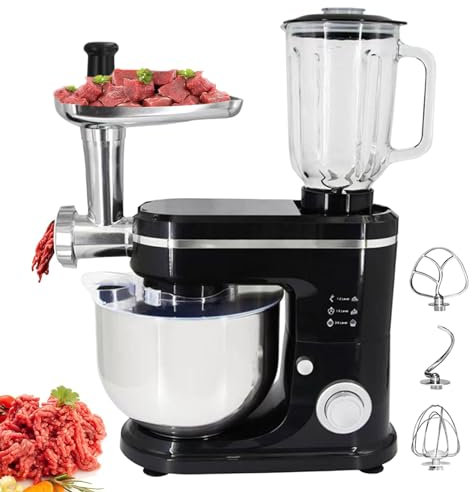 WOTZOV Batidoras de pie 3 en 1 para el hogar con Recipiente de Acero Inoxidable de 6 l, batidora de pie con licuadora y picadora de Carne, picadora eléctrica para Carne y Verduras, con p，Negro