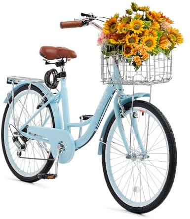 VEVOR Stadscykel 24 tums cykel med korg och bakbagagehållare 7-växlad åkcykel med justerbart säte för cykling, träning, shopping, blå