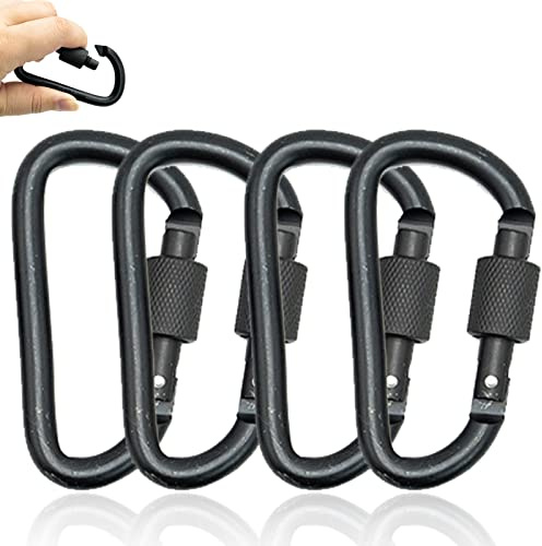 4 Pezzi Piccolo Moschettone Nero con Bloccaggio,Aluminum Alloy Carabiner Heavy Duty D Ring Clip Hook Locking,Moschettone portachiavi,Moschettoni Piccolo,per viaggi, campeggio