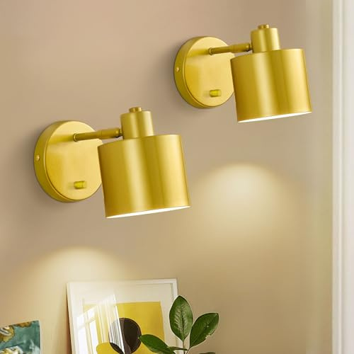 Glowlit Wandleuchte Innen Wandlampe mit Schalter Dimmbarem Wandlampe Innen mit 350° Drehbar E27 Wandleuchte Industrial Wandstrahler Innen für Wohnzimmer Schlafzimmer Flur Golden