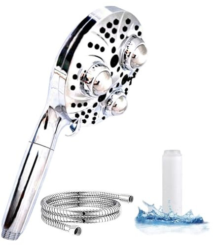 RonyCron Soffione doccia ad alta pressione 130 mm – Doccia a pioggia con filtro & 10 tipi di getti – Massaggio & Power Jet – Doccetta a mano a risparmio idrico con tubo – Cromo – Ti meriti