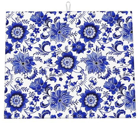 Neukim Blue White Floral Dish Drying Mat For Kitchen Counter Traditional Porcelain Design Dry Mats Microfiber Dish Drainer Mat Protector Pad Absorbent Fast Drying Kitchen Must-Have 16x18 Inch