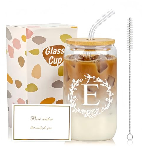 Dmnnlp A-Z Initial Personalised Gifts for Women, 16oz Iced Coffee Glass Cups with Lids, Straws, Brush & Card, Iced Coffee Birthday Gift Set for Women, Mum, Wife, Friends(E)
