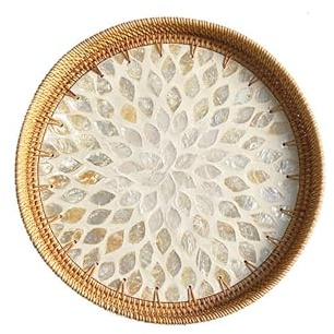 Rundes Rattan-Tablett mit Perlmutt-Einlage, Serviertablett aus Weide mit Holzsockel, dekorativer Korb für Kaffee, Brot, Obst, Lebensmittel und Tischaufsteller (A)