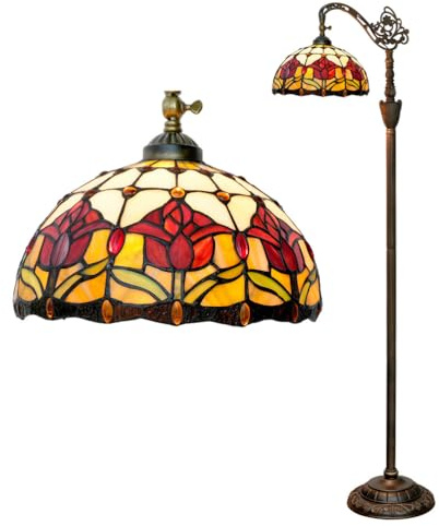 Fiunkes Red Tulip Flower Floor Lamp, Tiffany Style Red Green Stained Glass Crystal Beads Arched Floor Lamp, Gooseneck Adjustable Corner Standing Reading Light for Bedroom Living Room