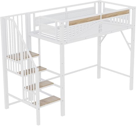 Azkoeesy Letto a Soppalco Singolo in Metallo Robusto 90x200 cm Bianco, con Scaletta di Sicurezza, Parapetto Alto e Ampio Spazio di Archiviazione Sotto il Letto, per Adolescenti e Bambini