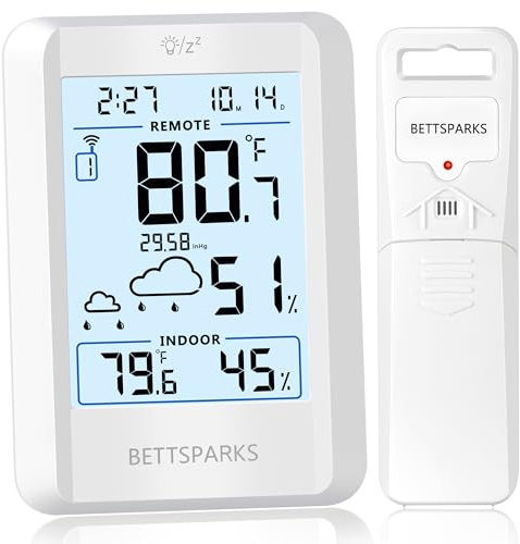 Indoor Outdoor Thermometer Wireless Weather Station with 330FT Range Remove Sensor Inside Outside Digital Hygrometer Thermometer Battery Powered Temperature Gauge Humidity Monitor with Clock&Backlight