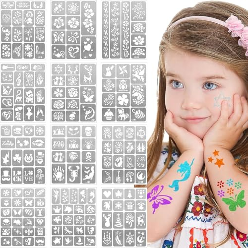 Lot de 156 pochoirs de tatouage temporaires pour peinture du visage et du corps, pochoirs à paillettes pour enfants, école, anniversaires, Halloween, Noël, décoration de fête
