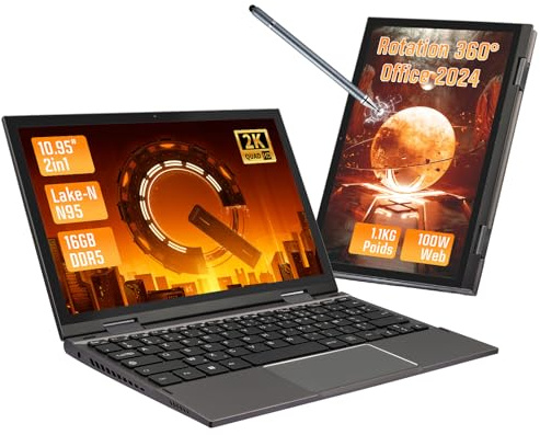 LONGEVINCE Ordinateur Portable 2 en 1 10,95 Tactile 360°,Celeron N95 (3,4 GHz Turbo),16 Go DDR5,Windows 11, Écran 2000x1200,Stylet Inclus,Clavier AZERTY Rétroéclairé,Boîtier Métal(Gris, 16G+960G SSD