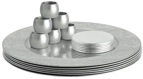 Argon Tableware Round Charger Plates Set with Coasters & Napkin Rings - 33cm - Silver Rib - 18pc Reusable Hard Plastic Dinner Table Setting Wedding Party Decorative Serving Tableware Chargers
