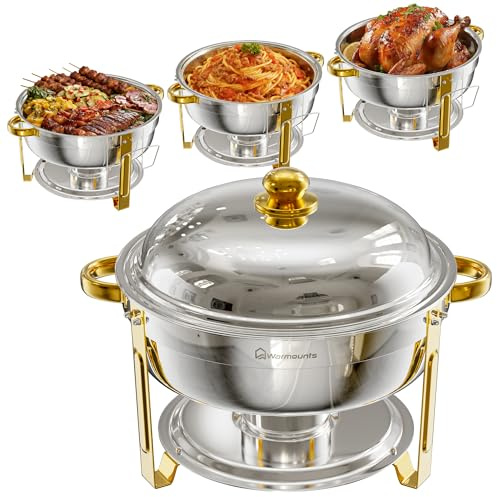 Warmounts Chafing Dishes for Buffet 6L 4 Pack, Round Stainless Steel Food Warmers with Gold Trim & Lid Holder, Rolled-Rim Stackable Catering Chafers Serving Dishes for Parties, Weddings & Events