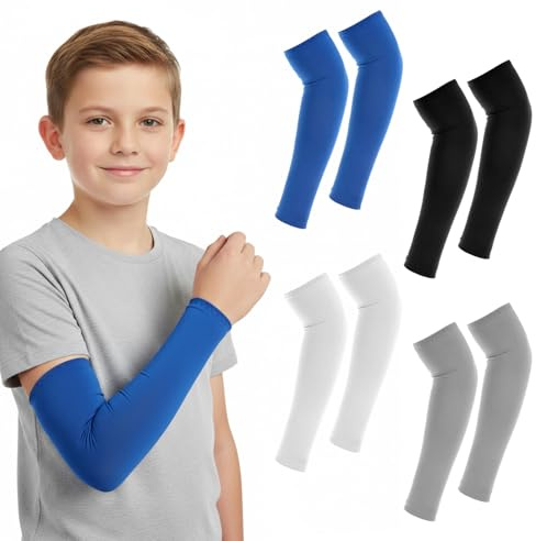 IANFAN 4 Pairs Kids Arm Sleeves, S 30cm Thin UV Sun Protection Cooling Compression Sleeves, Outdoor Sport Breathable Elastic Ice Sleeve For Youth Boys, Black White Light Gray Royal Blue
