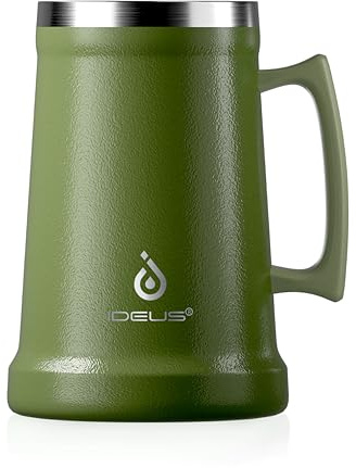Ideus Jarra de cerveza aislada, 710/1000 ml, acero inoxidable, doble pared, vaso de cerveza gigante, vaso de metal con mango de agarre grande para fiestas y reuniones (verde oliva, 34 onzas líquidas)
