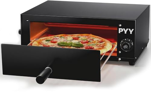PYY Pizza Oven Electric - 12 Inch Pizza Oven Indoor Stainless Steel Commercial Professional Pizza Cooker Baker Countertop with Timer & Crumb Tray for Home 1100W, Black