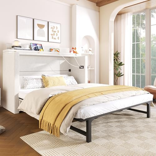 Lcoho Schrankbett, 140 x 200, Mit Einer Schublade,Mobiles Schrankbett mit Ablagefach am Bett, Umbaubares Plattformbett, Ohne Matratze,Leinen, Beige