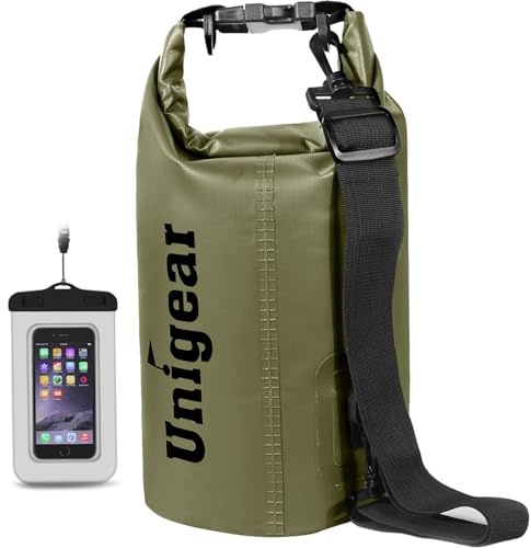 Unigear Dry Bag 2L 5L 10L 20L 30L 40L 55L, wasserdichte Tasche Rucksack SUP | Wasserdichter Beutel, Seesack Packsack mit Handytasche, Waterproof bag für Boot Kajak Angeln Rafting Schwimmen Camping Strand
