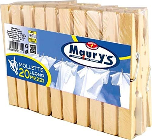 20 Maury's Mollette Bucato In Legno Naturale Robuste Lunghe 10 cm resistenti per Decorazioni e Stendi Biancheria Alta qualità Pacco Scorta