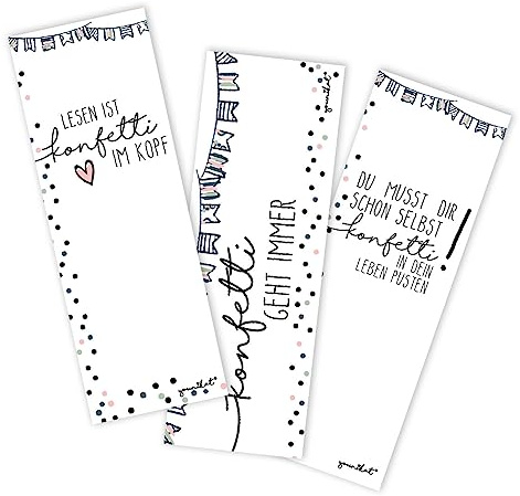 younikat 12er Set Lesezeichen Konfetti Motiv und Sprüchen-3 Motive - dv431 | Lesezeichen aus 350 g/m² Offsetpapier, 3 Konfetti-Motive mit Sprüchen, ideal für Bücher, Schule und Alltag
