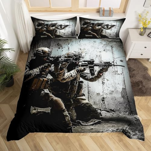 Soldier Comforter Cover for Boys, Army Rifle Machine Gun Bedding Sets, Under Mission Army Duvet Cover Sets, Military Themed Quilt Cover Full Camouflage Bedroom Decor For Youth Man Gamer Room Decor