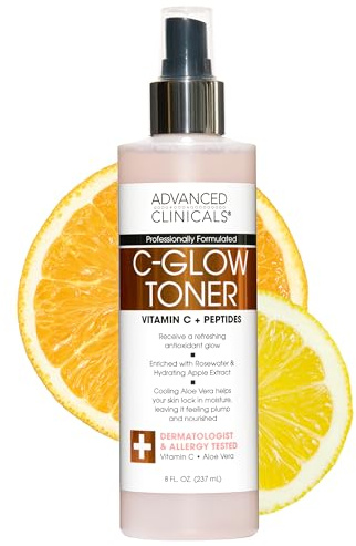 Advanced Clinicals Vitamin C Glow Facial Mist Toner for Face W/Rosewater, Ferulic Acid, & Peptides. Vitamin C Antioxidant Moisturizer Face Mist Provides Instant Skin Hydration, Non-Greasy, 8 Fl Oz