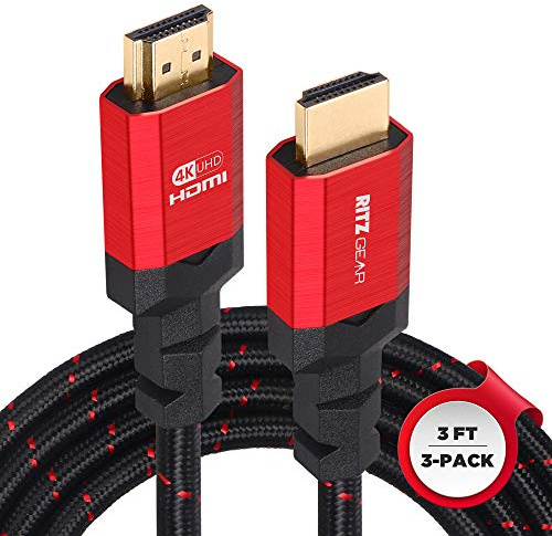 Ritz Gear 4K HDMI 2.0 Cable 3 ft. [3 Pack] 18 Gbps Ultra High Speed Braided Nylon Cord & Gold Connectors - 4K@60Hz/UHD/3D/2160p/1080p/ARC & Ethernet. Compatible with UHD TV/Monitor/PC/PS5/Xbox