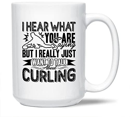 Lustige weiße Eisstock-Tasse, Geschenkideen für Familie/Freunde, I Really Just Want To Talk About Curling-Kaffeetasse, lustige Curling-Tassen, Geschenke, Curling-Keramik-Teetasse, 425 ml