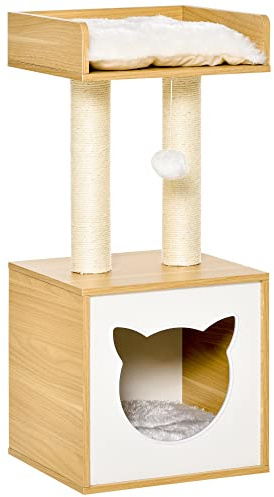 PawHut Katzenhöhle mit Waschbarem Kissen für Katzen 35 x 35 x 81 cm Eiche | Katzenbett, Plattform, Kratzsäule, Spielball, Katzenhaus, für Indoor
