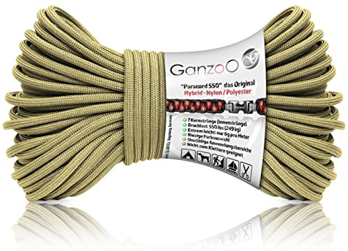 Ganzoo Paracorde 550 4 mm Ecru 30 m, Corde Type 3 avec 7 brins interieurs, Melange Nylon Polyester Hybrid, Ficelle multiusage pour Bracelet, Laisse et Collier pour Chien