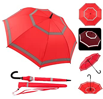 Quick Safety® Stockschirm Automatik-Regenschirm für Damen und Herren Sturmfest-360°Doppelt Reflektierend 105cm Ø Unisex-Design. Parisian red
