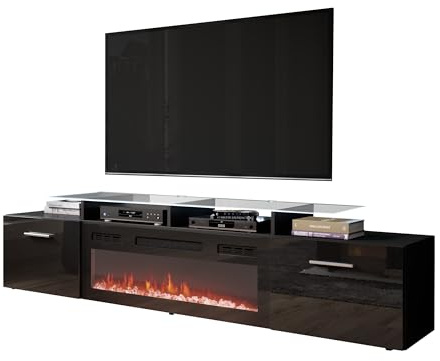 Mirjan24 TV Schrank mit Elektrischem Kamin Rozion, Realistische LED-Flamme, Elektrischer Kamin mit Heizung, TV Lowboard (Schwarz/Schwarz Hochglanz, mit LED Beleuchtung)
