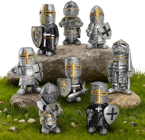 Tempelritter Gartenzwerge,2022 Gothic Ritter Wächter Zwerg, Mittelalter Kreuzritter Miniatur Europäische Ritter Gartenstatue Skulptur Outdoor Hof Rasen Dekor Machen Sie Ihren Garten schöner (8 Stück)