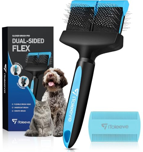 iToleeve Dual Flex Slicker Dog Brush – Gently Removes Undercoat, Mats & Tangles | Ideal for Sensitive Dogs & Cats | Professional Grooming Tool
