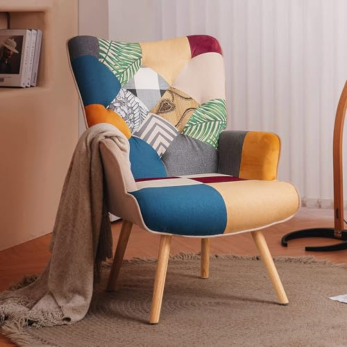 Joysoul Living Room Accent Chair, Modern High Back Armchair, Boho Patchwork Fabric Chair, Colorful Upholstered Reading Chair with Solid Wood Legs for Bedroom, Small Space