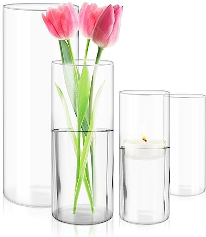 4 Stück Set Kerzenhalter Glas Glasvase, Klarglas Zylinderkerzenhalter Transparent, Stumpenkerze Vas, Blumenvase Modern für Home Office Dekor Essen Hochzeit Tischdekoration Center