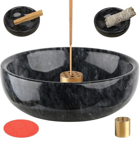 SIPARUI Marmor-Räuchergefäß mit 9 Löchern, handgefertigter Stick-Brenner ideal für Meditation, Smudging, Dekoration, einfaches Aufnehmen von Asche (Schwarz)